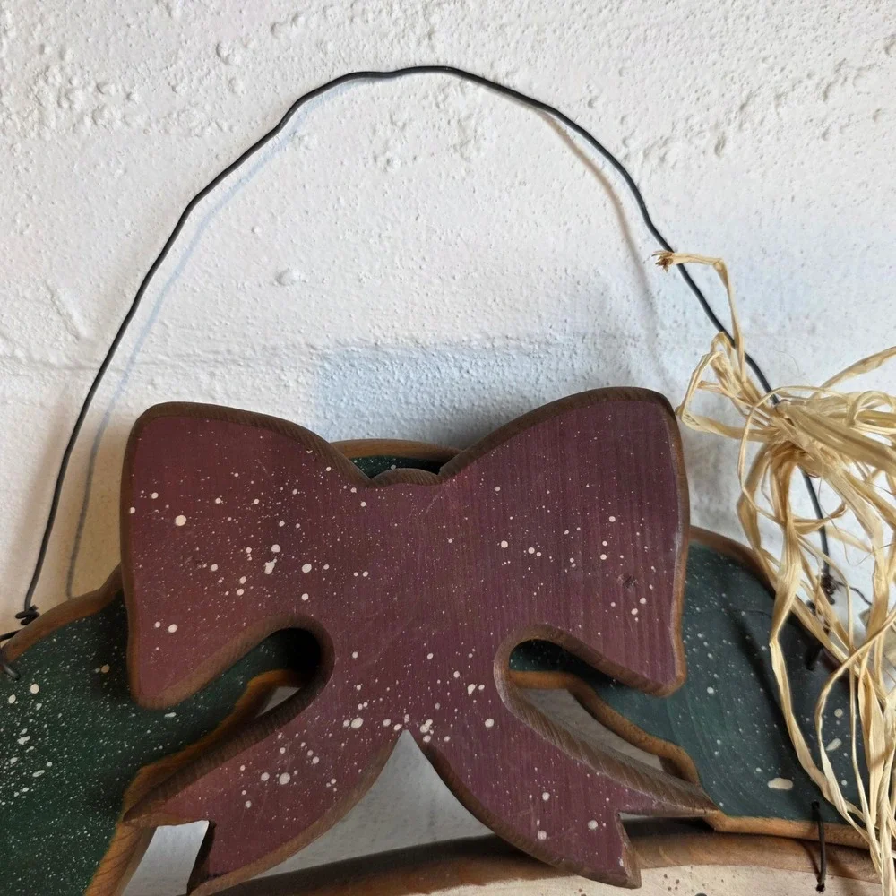 Rustic 90s Wood Merry Christmas Wreath Wall Door Hanging Country Green Bow